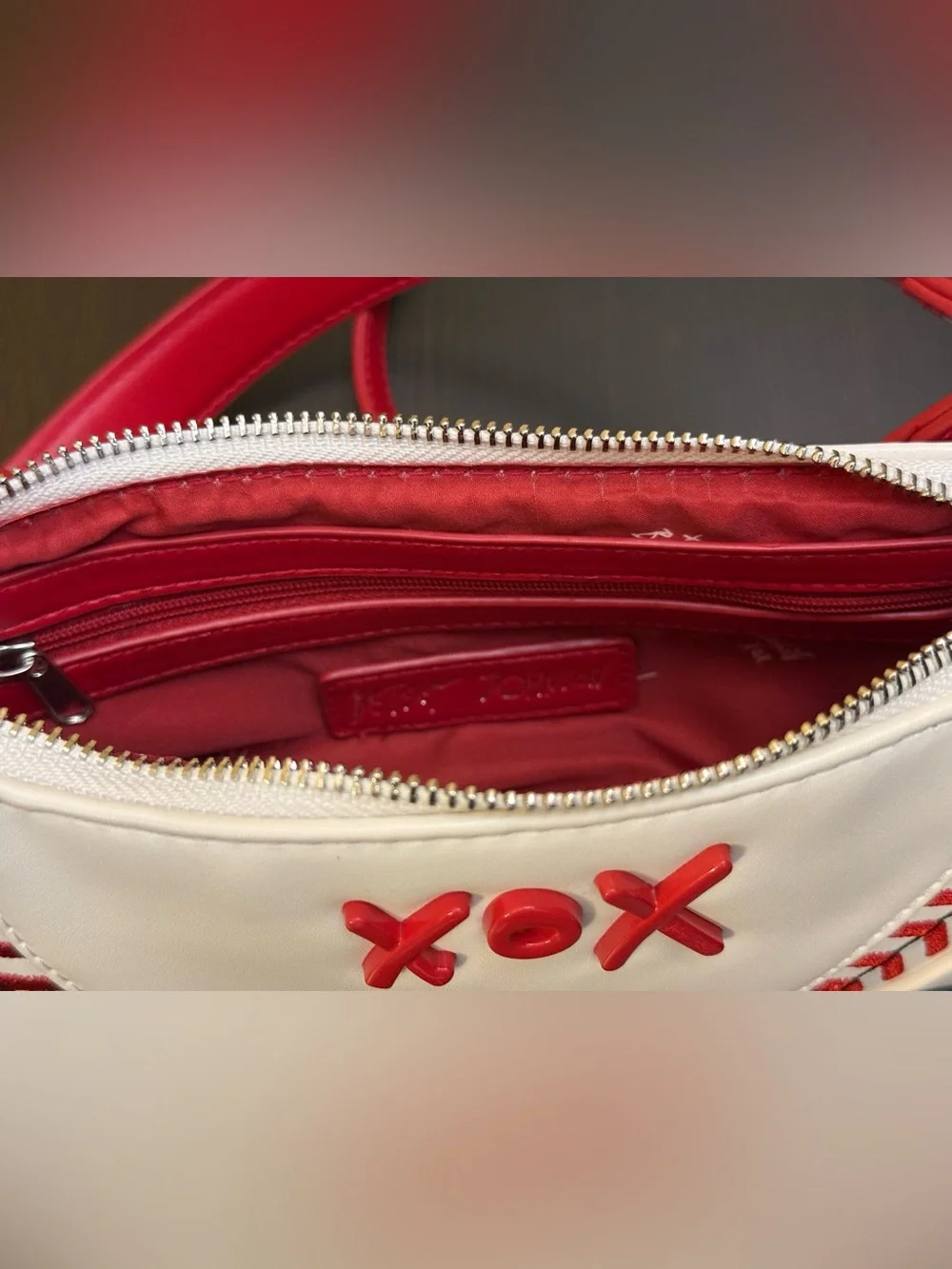 Betsey Johnson White/Red baseball/softball shoulder/crossbody. hotdog charm NWT